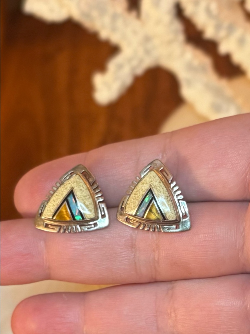 Native American Sterling VTG Inlay Earrings - Picture 9 of 16